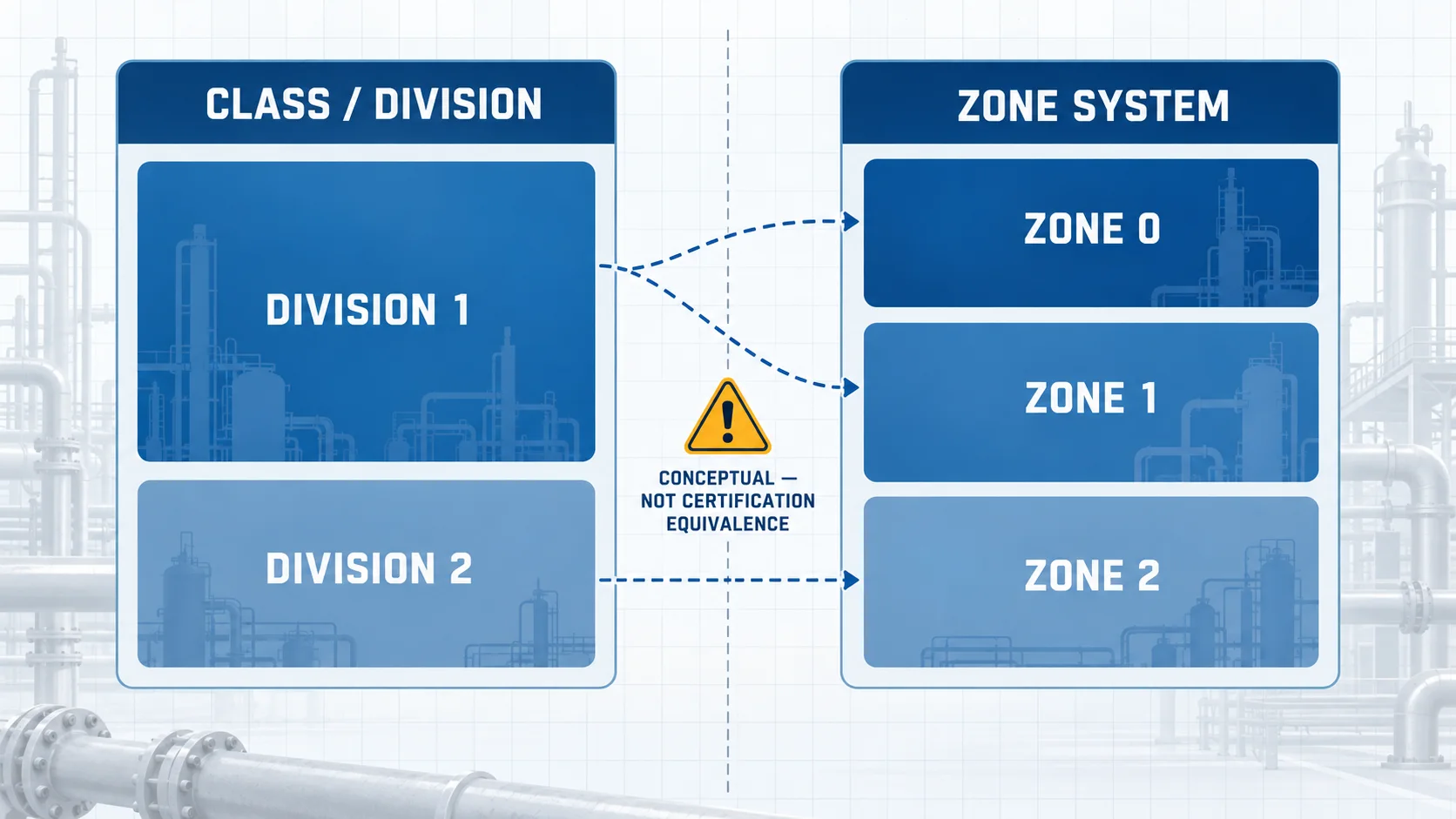 Conceptual comparison of Class I Division 1 and Division 2 with Zone 0, Zone 1 and Zone 2