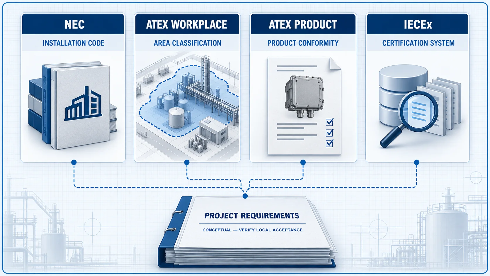 NEC, ATEX workplace, ATEX product and IECEx responsibilities feeding project requirements