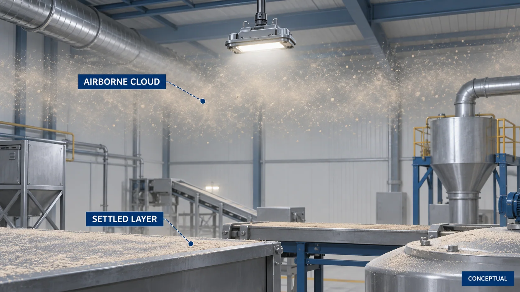 Conceptual cutaway separating an airborne combustible dust cloud from a settled dust layer around an industrial luminaire