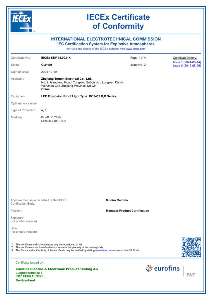 BC5402B / BC5402D — IECEx — IECEx SEV 18.0031X — first-page preview; open the complete PDF for all pages.