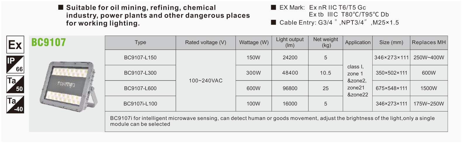 BC9107 original catalogue specification table; open the full-size image or download the catalogue for configuration details.