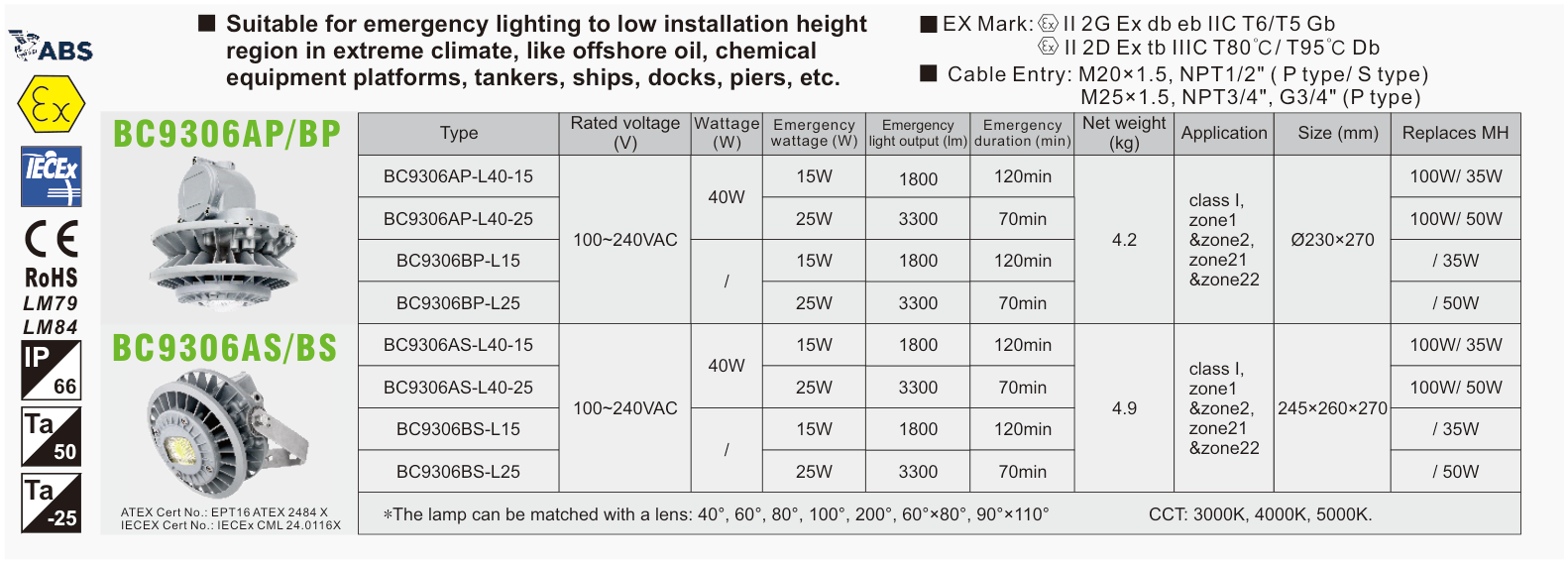 BC9306AP / BP / AS / BS original catalogue specification table; open the full-size image or download the catalogue for configuration details.