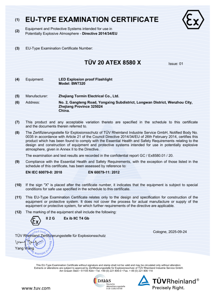 BW7320 — ATEX — TÜV 20 ATEX 8580 X — first-page preview; open the complete PDF for all pages.
