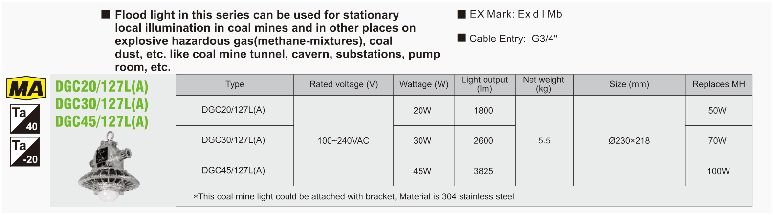 DGC20 / DGC30 / DGC45-127L(A) original catalogue specification table; open the full-size image or download the catalogue for configuration details.