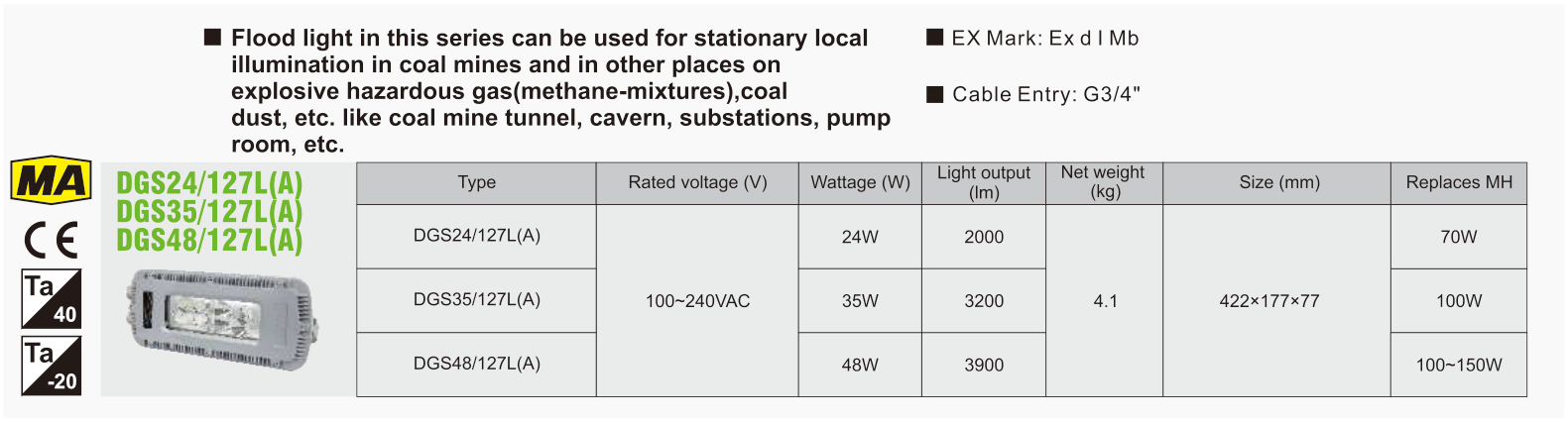 DGS24 / DGS35 / DGS48-127L(A) original catalogue specification table; open the full-size image or download the catalogue for configuration details.